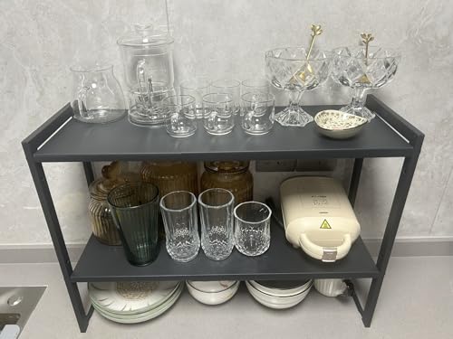 2 Tier Expandable Cabinet Shelf Organizer 14.5-25" L Kitchen Counter Shelf Rack Stand Sink Riser Countertop Storage Black (Normal 7.9”D) - color: Black, size: 7.9"D (normal) - 2 Tier