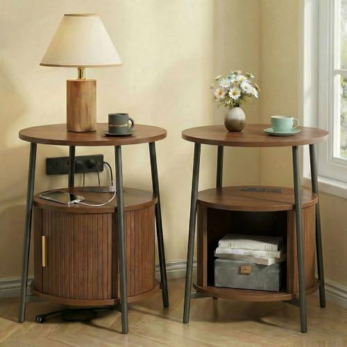 Round End Tables Set of 2: Fluted Side Table with Drawer & Charging Station, Mid-Century Modern Nightstand with Sliding Door for Small Space Storage, Living Room, Bedroom - color: Walnut, size: 2 PACK