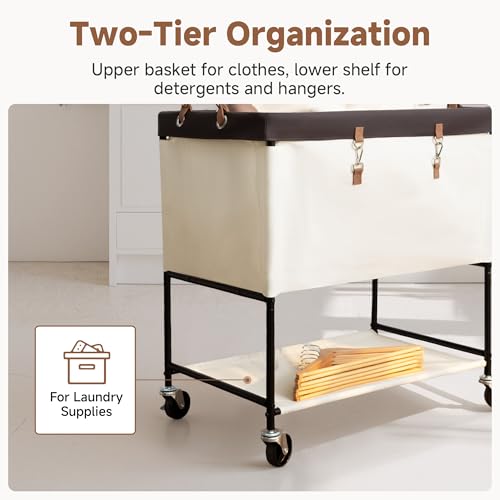 StorageWorks Laundry Cart, 2 Tier Rolling Laundry Basket, Heavy Duty Laundry Basket with Lockable Wheels, Laundry Room Organization and Storage, Clothes Hamper for Bedroom, Dorm, Closet, 46Gal, Beige - color: Beige, size: 46Gal (175L)