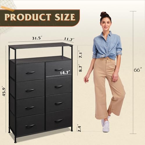 WLIVE Fabric Dresser for Bedroom with Open Shelves, Tall Black Dressers with 8 Drawers, Storage Tower with Fabric Bins, Chest of Drawers for Closet, Living Room, Hallway - color: Charcoal Black, style: Raised Shelves