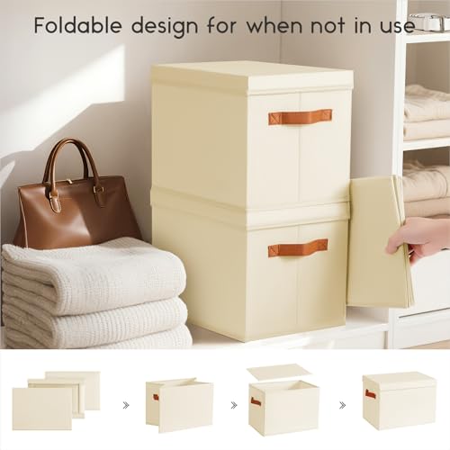 Homsorout Storage Bins with Lids - Fabric Storage Baskets for Shelves, 4 Pack Foldable Decorative Boxes with Handles, Stackable Organizer Bins for Home, Nursery, Dorm, Beige - color: Beige, size: L(4-Pack)
