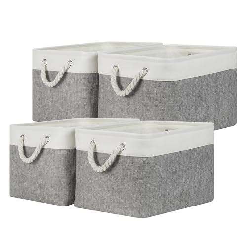 Temary Storage Baskets 4Pack Fabric Storage Bins Clothes Baskets with Rope Handle, Decorative Basket for Gift, Blankets (White&Gray,15x11x9.5 inch) - color: white&grey, size: 15"L x 11"W x 9.5"H