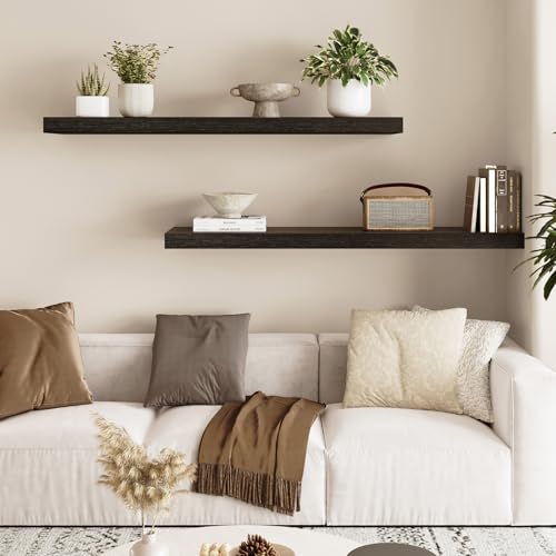 Fixwal Floating Shelves for Wall, 35" Long Heavy Duty Wall Mounted Rustic Wood Shelves for Living Room, Bedroom, Bathroom and Kitchen, Wall Shelves for Storage, Books, Room Decor (Black, Set of 2) - color: Black, size: 35in