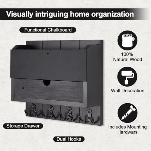 Mail and Key Holder Wall Mount with Storage Drawer – Modern Wooden Mail Organizer for Wall Entryway, 7 Key Hooks & Chalkboard Panel – Stylish Home Decor for Apartments, Living Room, Office - color: Black
