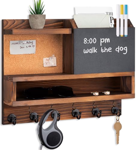 Key Holder for Wall Mount with Mail Organizer, Farmhouse Key Holder for Wall with Shelf, Chalkboard&Corkboard, Entryway Organizer 11 Metal Hooks, Decorative Natural Pine Wood, 14.6*11.1*3.3”, A-Brown - color: Brown-A