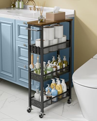 Giwil Slim Rolling Storage Cart 4 Tier Bathroom Organizer Mobile Shelving Unit Utility Cart with Wood Top and Handle for Kitchen Laundry Narrow Places, Black - color: Black, size: 4 Tier (W-7.1IN)