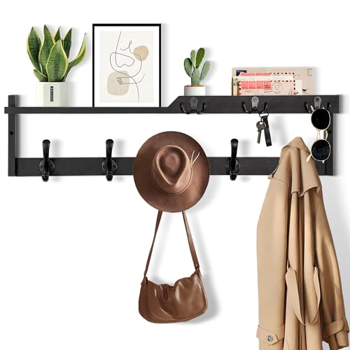 29'' Coat Rack Wall Mount with Shelf, Coat Hanger Wall Mount with Key Hooks and Mail Holder, Wood Entryway Floating Shelf with Hooks and Storage, Hat Rack for Wall Key Holder Mail Organizer - color: Black, size: 29 Inch Long