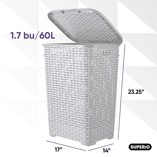 Plastic Laundry Hamper with Lid Laundry Hamper Basket, White Smoke 2 Pack Tall Cloths Hamper Organizer with Cut-out Handles. Space Saving for Laundry Room Bedroom Bathroom, Wicker Design 60 Liter - color: White Smoke, size: 2-pack