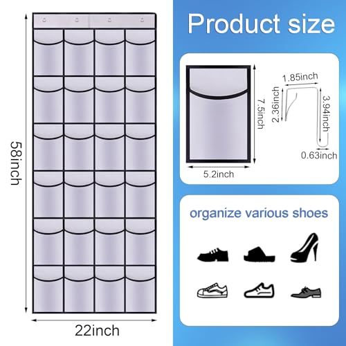 Over the Door Shoe Organizer, 24 Large Breathable Mesh Pockets, Hanging Storage Holder, Hanging Shoe Organizer(White) - color: white