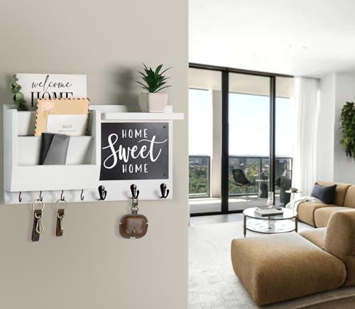 Ziivita Key Holder for Wall - Mail Holder Organizer Wall Mount with Shelf - Hanging Key Rack Hanger with Hooks Decorative for Home Coat Letter Dog Leash Entryway Living Room Decor - color: White