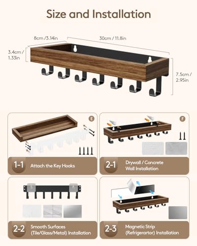 Key Holder Wall Mount Adhesive Magnetic - Hanging Key Hooks with Mail Organizer Tray for Wallet House - Keys Hanger Rack with Shelf for Camper Entryway Door Home Living Room Decor Large Rustic - color: Rustic, size: Large