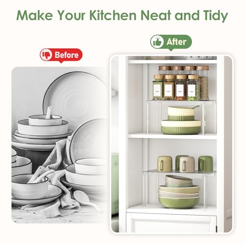 Delamu Clear Kitchen Cabinet Organizer, Set of 2 Acrylic Shelf Organizer for Cupboard Organizers and Storage, Stackable Cabinet Shelf for Plate, Dish, Bowl, Cup & Mug, 11.7" W x 7.7" D x 6.3" H - size: Set of 2