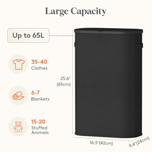 Lifewit Slim Laundry Basket with Lid, Narrow Large Laundry Hamper with Plastic Handles and Removable Bag, Tall Foldable Dirty Clothes Hampers for Laundry Room, Bedroom, Bathroom, Dorm, 65L Black - color: Black, size: 65L