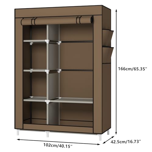 Calmootey Portable Closet Organizers, Clothing Storage, Wardrobe with 6 Shelves and Hanging Rod, Non-Woven Fabric Cover with 4 Side Pockets, Brown - color: Brown