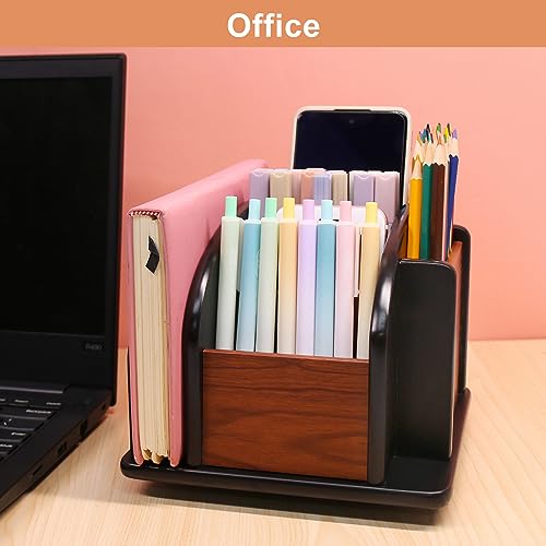 Coideal Remote Control Holder Caddy - Wooden Rotating Coffee Table Organizer Large Spinning Wood Remote Holder for Living Room Office (6 Compartments, Brown & Black) - size: 6 compartments