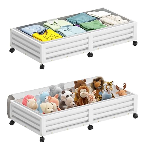 Wisuce Bamboo Under Bed Storage Containers- Underbed Organizer with Wheels with Dust Bag,Sturdy Wood Rolling Under the Bed Shoe Storage Organizer Drawers (White, 2 Pack (33.07"×16.54")) - color: White, size: 2 Pack (33.07"×16.54")