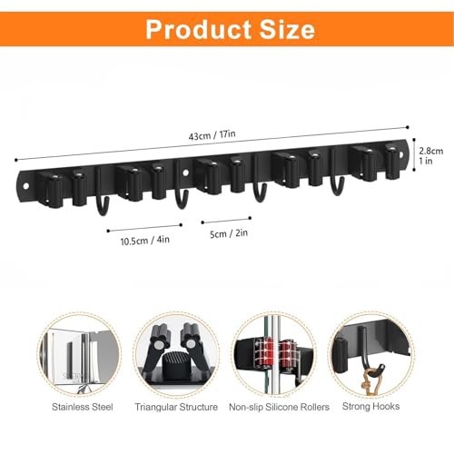 CUXIXA 2 Pack Mop and Broom Holder Wall Mount, Non-slip Broom Hanger Wall Mount, Heavy Duty Mop Broom Organizer for Kitchen Garden Garage Laundry Room Wall Decor Organization and Storage Black 5R4H - color: Black, size: 2Pack 5R4H