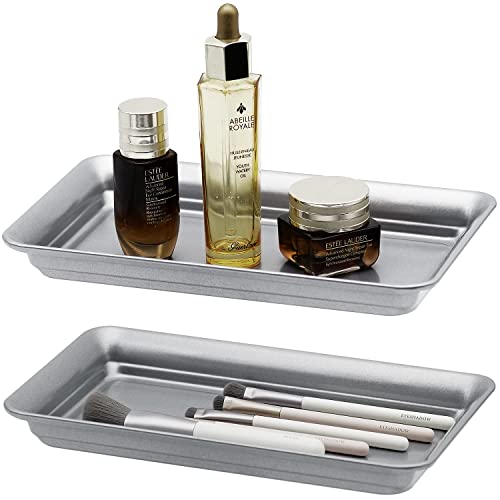 Vintage Farmhouse Decor Metal Vanity Tray(2 Pack),Countertop Guest Hand Towel Storage Organizer Tray Dispenser, Sturdy Holder for Perfume,Cosmetics, Jewelry, Makeup Bathroom Organizer (Silver) - color: Silver, size: 2 Pack (9.9" x 5.9" x 1.1")