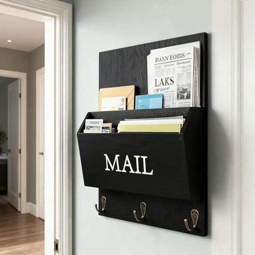 Wooden Mail Organizer with Key Hooks, Rustic Wall Mounted Letter Holder, Farmhouse Mail Sorter with Hooks, Bill Letter Storage for Entryway, Black