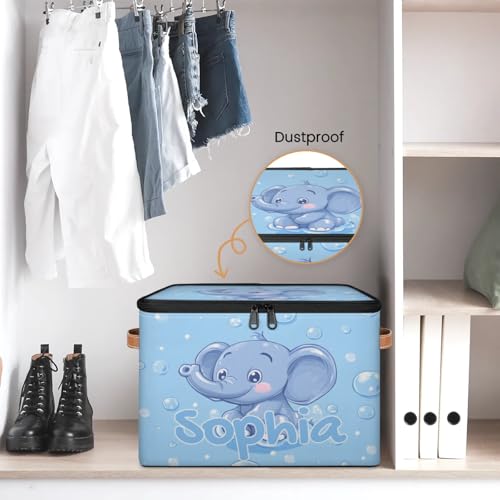 Custom Storage Basket with Name, Personalized Storage Bins with Zipper Lid, Foldable Fabric Storage Box Large capacity with Handle Bubble Elephant - color: Option 18