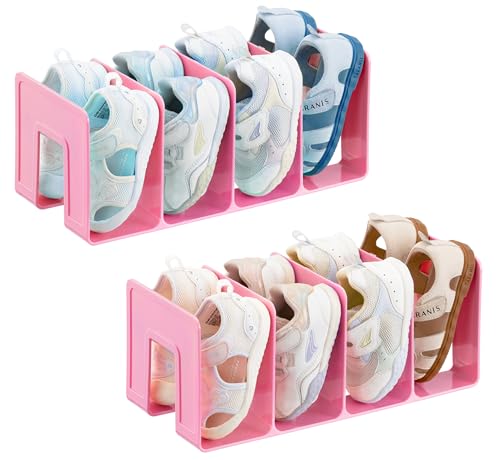 HBlife Pink Acrylic Kids Shoe Rack for Closet Organizers and Storage, Small Shoe Rack 4 Sections Toddler Baby Shoe Storage Organizer Stackable Shoe Shelf,Desk File Sorter Book Purse Organizer(2 Pack) - color: Pink, size: 2 Pack