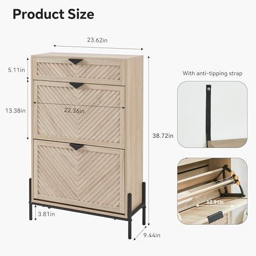 Shoe Cabinet Storage with 2 Flip Drawers, Narrow Hidden Shoes Cabinet Organizer for Entryway, Freestanding Slim Shoe Rack Front Door Entrance(Oak) - color: Oak, size: Medium