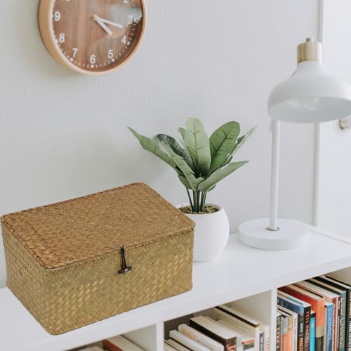 Wicker Storage Basket with Lid, Natural Seagrass Woven Shelf Basket for Storage, Rectangular Decorative Storage Bins Boxes Home Organizer Decor (Natural, Medium) - size: 13" x 8.66" x 6.1"