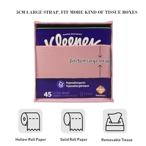 Tissue Box Cover Holder Square Tissue Cube Cover PU Leather Tissue Organizer with Bottom Belt for Bathroom, Tabletop, Car, Night Stands, Office, Home, Kitchen (2, PrettyPink) - color: Prettypink