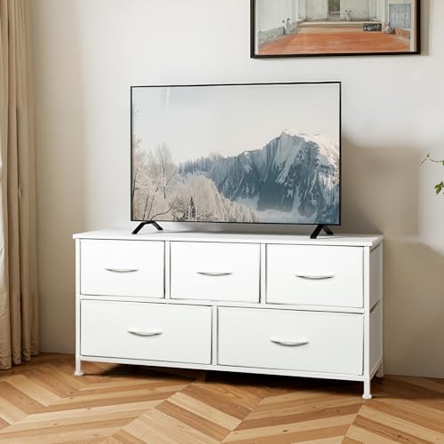 SHAWKEN Dresser for Bedroom with 5 Drawers,Fabric Dresser with One-Piece Steel Frame,Budget-Friendly Organizer for Closet, Hallway, Studio Apartment (Leather White) - color: Leather White