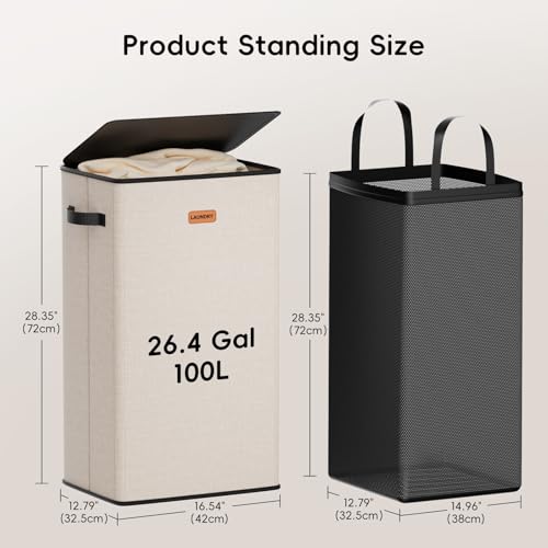 100L Laundry Hamper with Lid, Large Clothes Hampers with Removable Bag, Collapsible Laundry Basket for Bathroom, Bedroom, Laundry Room, Dorm, Beige - color: Beige, size: 100L - 1 Section