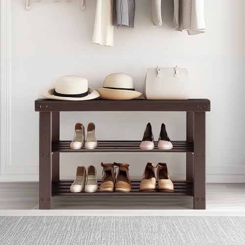 Sweetcrispy 3-Tier Shoe Rack Bench, Bamboo Entryway Storage Organizer, Shoes Stand for FrontDoor Entrance, Bedroom, Living Room, 286lb Capacity, 11.3 x 27.6 x 17.8 Inches, Chestnut - color: Brown, size: 27 inches WIdth