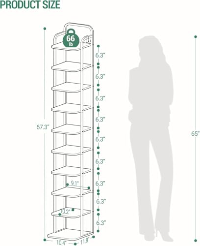 Hzuaneri 10 Tiers Vertical Shoe Rack, Narrow Shoe Tower, Tall Shoes Shelf with 2 Hooks, Adjustable Shelves, Corner Shoes Shelves for Small Spaces, Entryway, Living Room, Rustic Brown SR11201B - color: Rustic Brown and Black, size: 10 Tier(11.8"D x 10.4"W