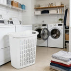 Rectangular Open Plastic Laundry Hamper, 1.8 Bushel Slim Ventilated Clothes Hamper with Handles for Narrow Spaces, Dorms & Apartments, White