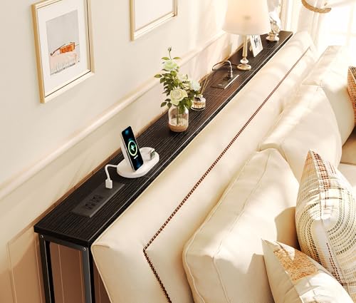 SUPERJARE 78.8 Inch Narrow Console Table with Outlet, Sofa Tables, Behind Couch Table, Long Entryway Tables with Charging Station, for Living Room, Black - color: Black, size: 5.7''D x 78.7''W x 29.7''H