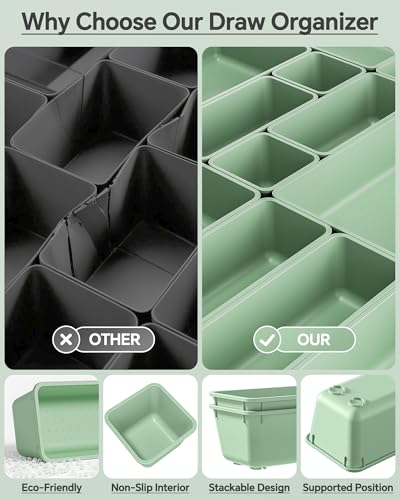 KEMETHY 25 PCS Plastic Drawer Organizers Set, 4 Sizes Vanity Organizer, Makeup and Desk Drawer Organizer Trays, Organization and Storage for Makeup, Bathroom, Kitchen Utensils and Office (Green) - color: Green