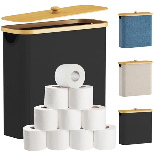 Lifewit Toilet Paper Storage Holder for 12 to 16 Rolls, Free Standing Toilet Paper Basket Stand with Bamboo Lid, Collapsible Fabric Bathroom Organizer Box for Mega Rolls, 30L, Extra Large, Black - color: Black, size: 30L