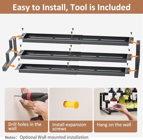 GOENDR Expandable Spice Rack Organizer for Cabinet, 3 Tier Metal Spice Organization,16"-29.5" Wide Adjustable Seasoning Organizer, Display Shelf, Canned Goods Organizer for Pantry Kitchen Countertop - size: Large-Black - Fits 10.9" Deep Cabinet