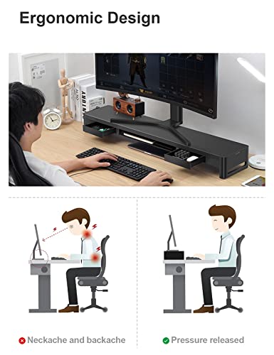 meatanty Dual Monitor Stand Riser with 2 Storage Drawers, Metal Computer Monitor Stand Monitor Shelf with Pull Out Drawer, Keyboard and Mouse Storage Desktop Organizer for PC,Laptop,iMac,TV,Printer - size: Extra-Large, style: Basic Version