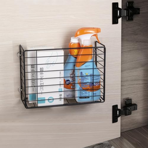 Lonian Wall Mounted Storage Basket, Black Metal Wire Kitchen Wrap Organizer Rack, Heavy Duty Hanging Basket for Cabinet Door, Pantry, Cutting Boards, Foil, and Cleaning Supplies