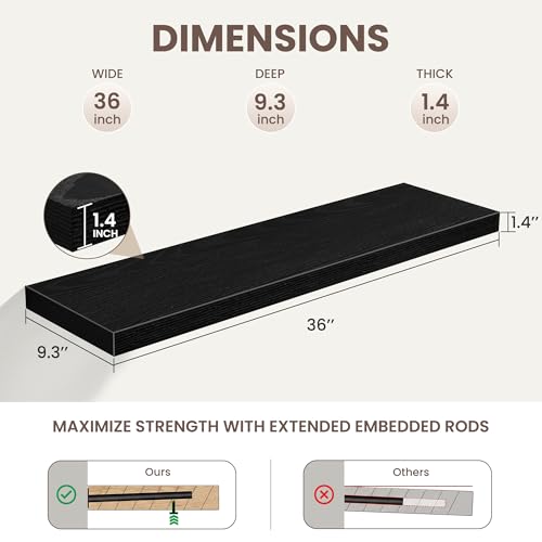 36 Inch Black Floating Shelves for Wall,9.3" Deep Long Floating Shelf Set of 2,Wood Wall Mounted Shelves Farmhouse Home Decor,Wall Storage Shelf for Bathroom Bedroom Living Room Kitchen Office,Black - color: Black, size: 36 Inch,Set of 2