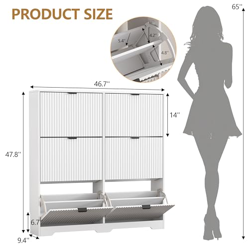 HUANLEGO Shoe Cabinet Storage for Entryway with 6 Flip Drawers, White Fluted Shoe Cabinet with Adjustable Shelves, Wooden Hidden Shoe Rack Freestanding Narrow Slim Shoes Storage for Hallway, Entrance - color: White, size: 6 Drawer