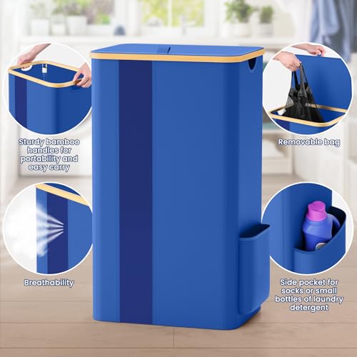 BlissTotes 100L Bamboo Laundry Hamper with Lid, Breathable Mesh Bag & Window, Portable, Moisture Resistant, Blue - color: Blue, size: 100L