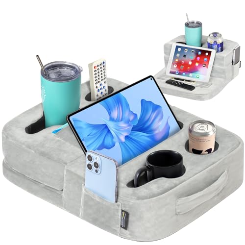 TabCouchCaddy - Couch Cup Holder Tray Pillow - Bed, Couch Caddy, Sofa, RV & Car - Holds Drinks, Snacks, Remotes, Phones, Kindle, Tablet | Bed Cup Holder (Grey) - color: Grey