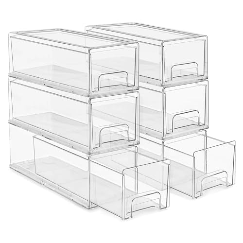 Sorbus Small Wide Clear Stackable Storage Drawers – 6-Pack Plastic Organizer Bins with Handles – Stackable Pull-Out Storage Drawers for Closet, Pantry, Office, Bathroom, Craft, and Toy Organization - color: 6 Pack, size: Small Wide