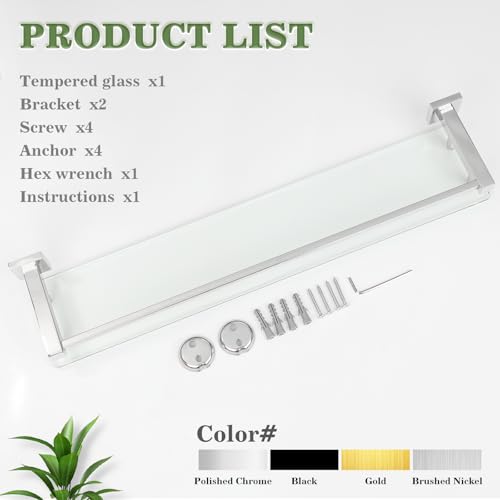 Alise Glass Bathroom Shelves Wall Mounted, 24 Inch Polished Chrome Tempered Floating Shelves Bathroom, Stainless Steel Bathroom Glass Shelf - color: Polished Chrome, size: 24 Inch