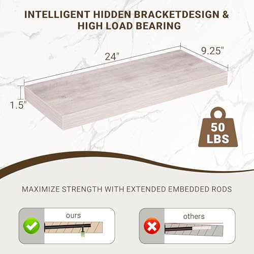 Acovy 24 Inch Floating Shelves, 3D Textured Wood Grain, 24"x9.25"x1.5" Inch Deep Floating Shelves for Wall, Wooden Shelves for Bathroom, Bedroom, Living Room, Washed White, 2 Pieces - color: Washed White, size: 24"x9.25"-2pcs