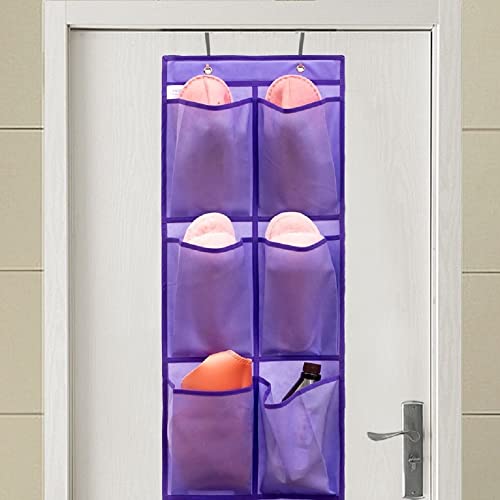 Over The Narrow Door Shoe Organizer Hanging 6 Large Fabric Pockets Back Door Shoe Holder for Closet with 2 Hooks (PURPLE) - color: PURPLE