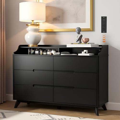 Dresser for Bedroom with 6 Drawers, 55" Large Dresser w/Charging Station, Open Shelf Top, Pre-Installed Slides, Wood Closet Clothes Storage Long Dressers for Bedroom, Living Room, Hallway, Black - color: Black, size: 16"D x 55"W x 37"H (6 Drawers)