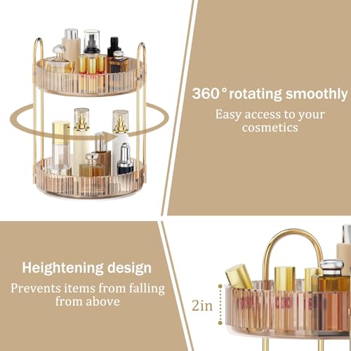 MOKANI 360 Rotating Makeup Organizer for Vanity, 2 Tier Adjustable Perfume Organizer for Dresser, Multi-Function Spinning Cosmetics Skincare Storage for Bedroom, Dresser, Countertop, Amber - color: C-Amber, size: 2 Tier
