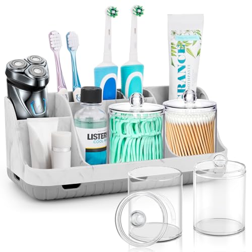 GFWARE Bathroom Toothbrush Holder Set with 2 Pack Qtip Holder Dispenser - Detachable 7 Slots Bathroom Accessory Set, Kids Marble Bathroom Sink Counter Set, Bathroom Essentials Decor, Grey - color: Marble Sets